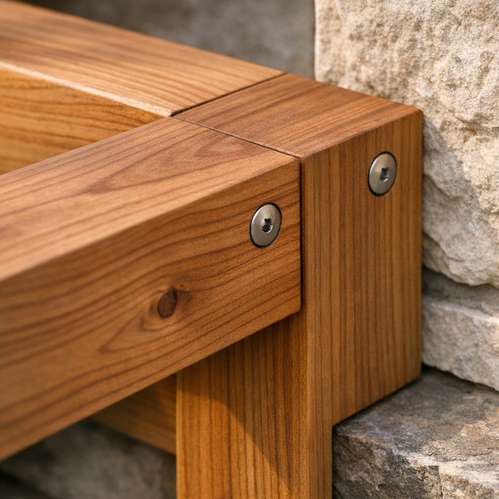 Close detail of cedar joinery beside stonework.
