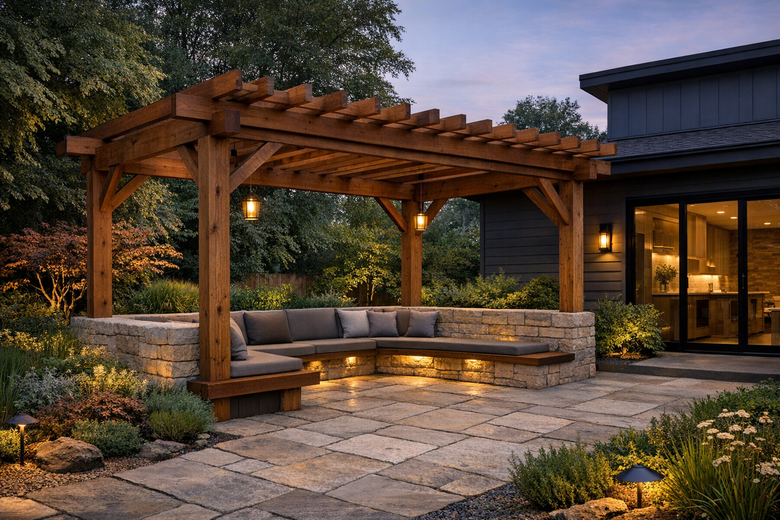 Warm cedar pergola over a stone patio at dusk.